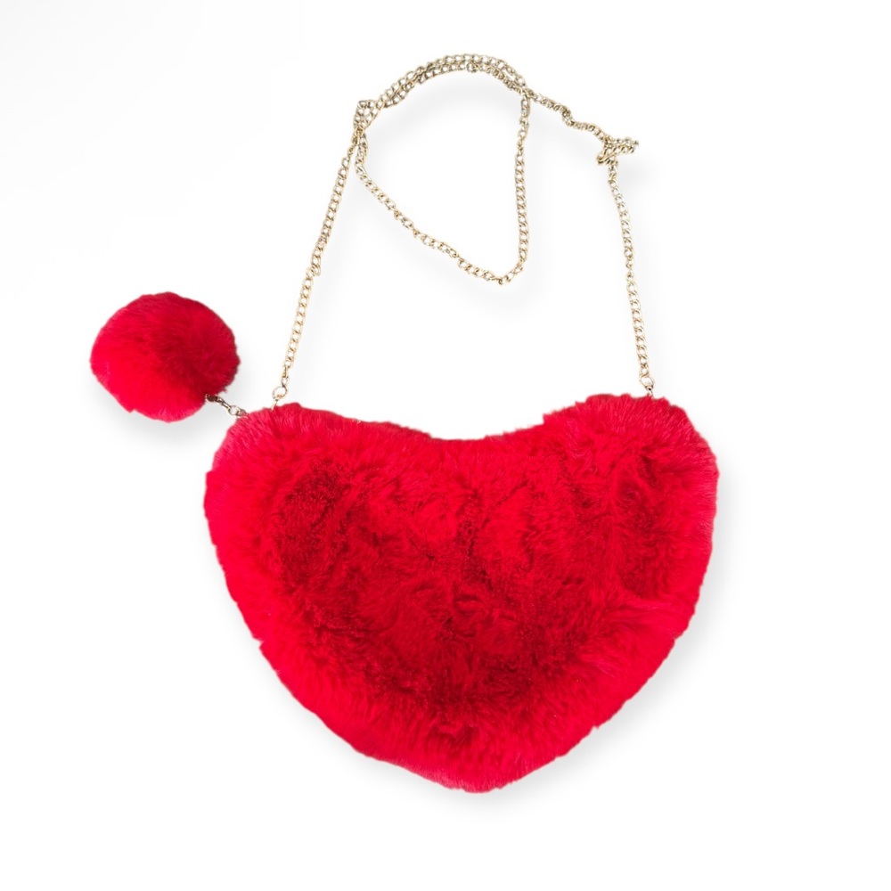Red Heart-Shaped Faux Fur Crossbody Bag with Charm
